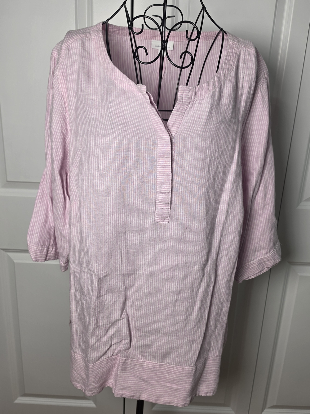 J. Jill Pink White Stripe Linen Tunic Top XL Relaxed Coastal Cottagecore